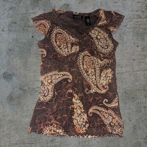 Y2K Brown Paisley V-Neck Top